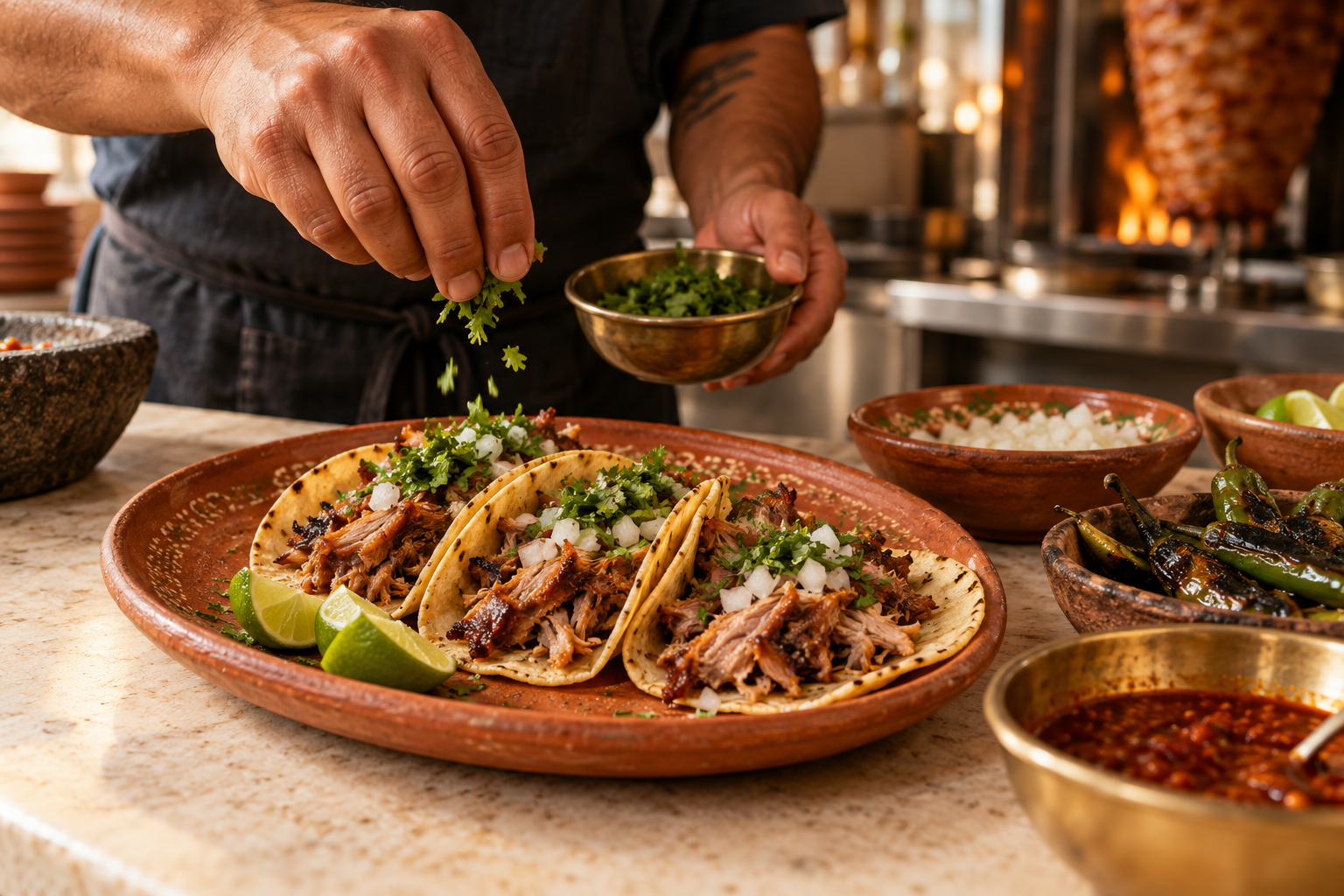 A taquero finishing fresh tacos with cilantro