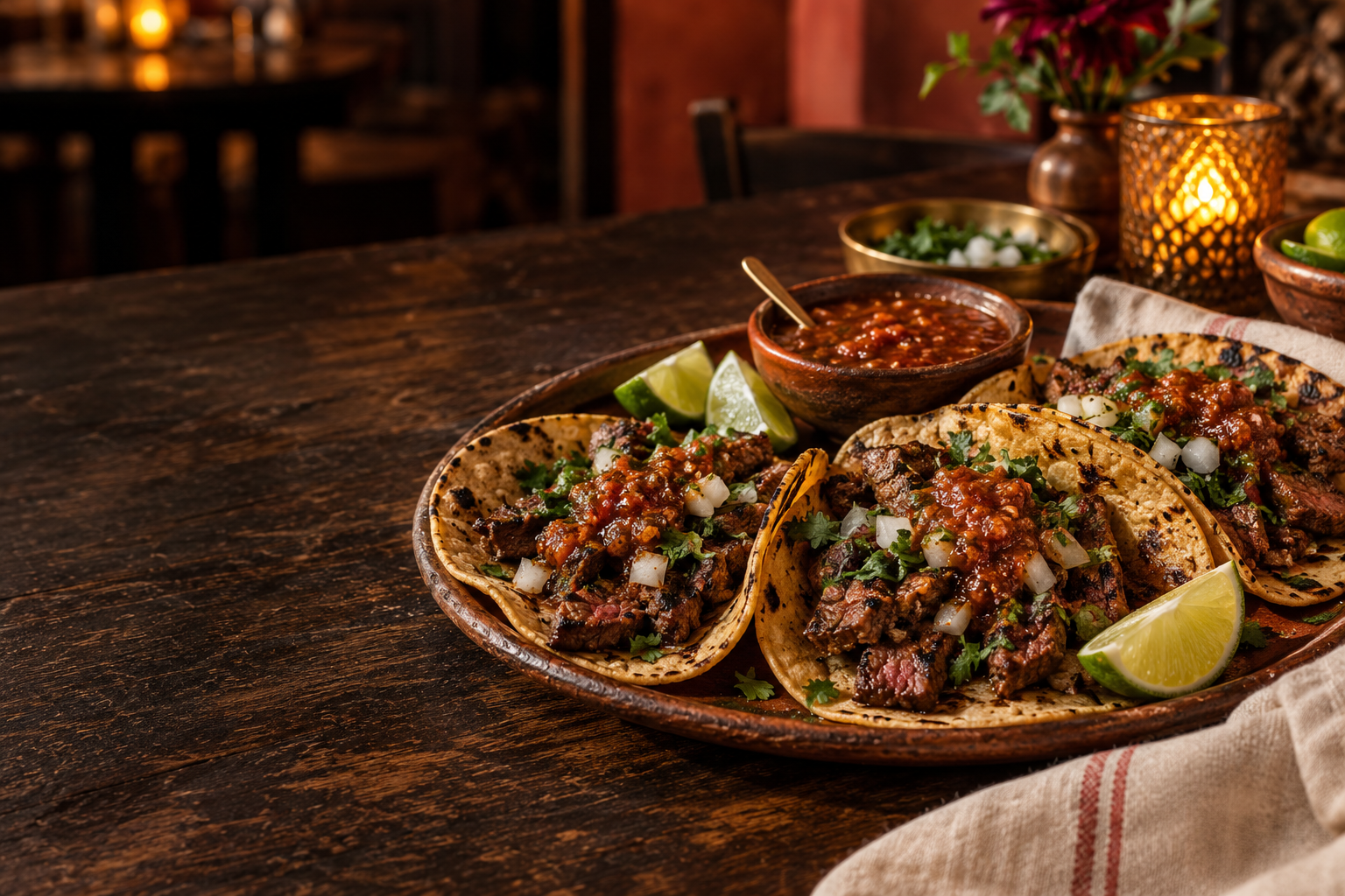 Handmade carne asada tacos on a warmly lit taqueria table